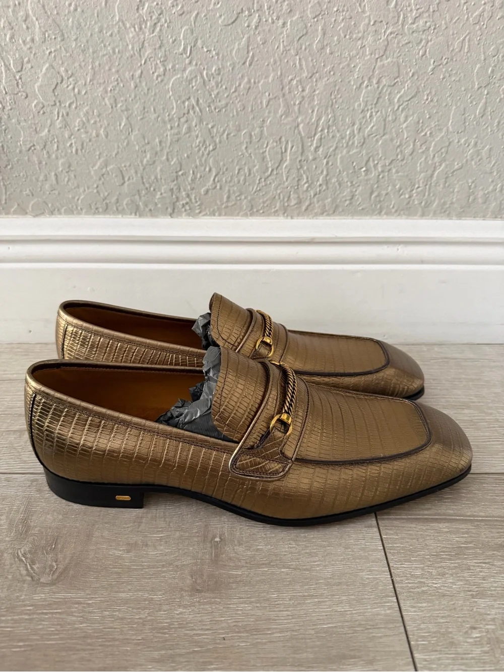 Tom Ford Metallic gold croc Leather Bit Loafers men 11.5